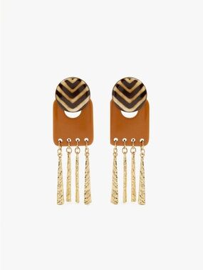 Gold Tassel & Brown Geo Drop Earrings
